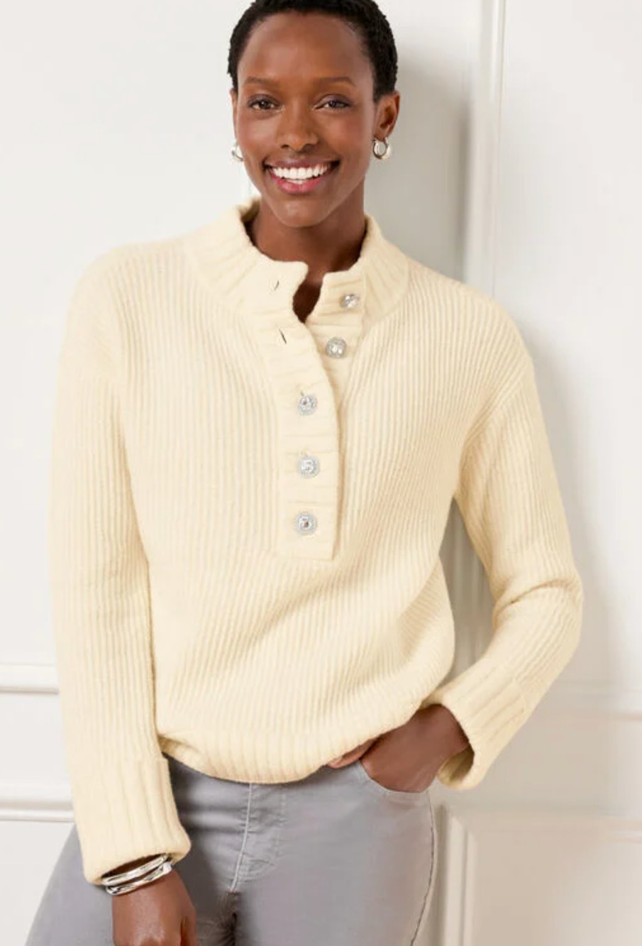 NEW TALBOTS IVORY PETITE JEWEL BUTTON HENLEY PULLOVER SWEATER SZ PM
